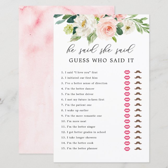 Blush Floral sagte er sagte, sie raten Spielkarten (Vorne/Hinten)