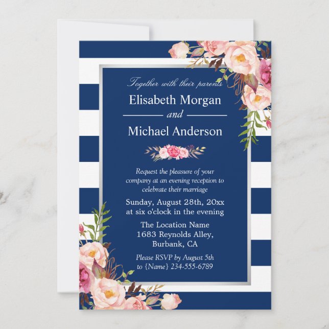 Blush Floral Silver Navy Blue Streifen Hochzeit Einladung (Vorderseite)