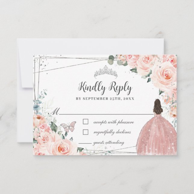 Blush Floral Silver QUINCEAÑERA Kleidung Schmetter RSVP Karte (Vorderseite)
