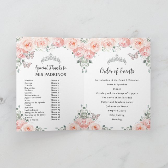 Blush Floral Silver Quinceñera Orden der Ereigniss Programm (Innenseite)