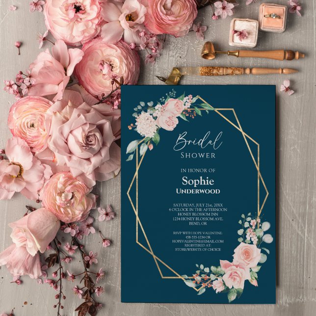 Blush Floral Simple Navy Hochzeitssemble Brautpart Einladung (Von Creator hochgeladen)