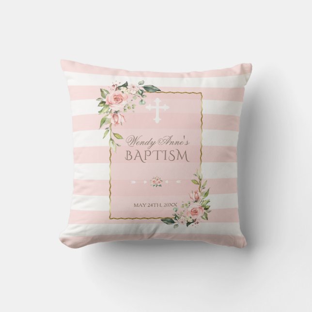 Blush Floral Stripes Gold Frame Taufen Monogramm Kissen (Vorderseite)