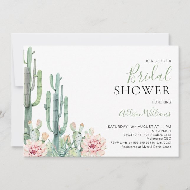 Blush Floral Succulents Cactus Brautparty Einladung (Vorderseite)