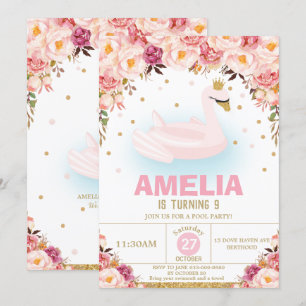 Blush Floral Swan Princess Pool Geburtstagsparty Einladung