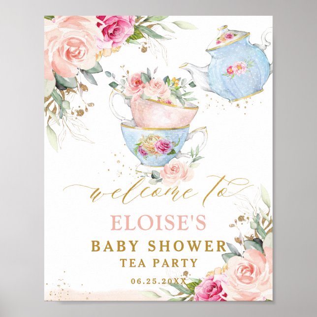 Blush Floral Tee Party Bridal Baby Dusche Empfang Poster (Vorne)