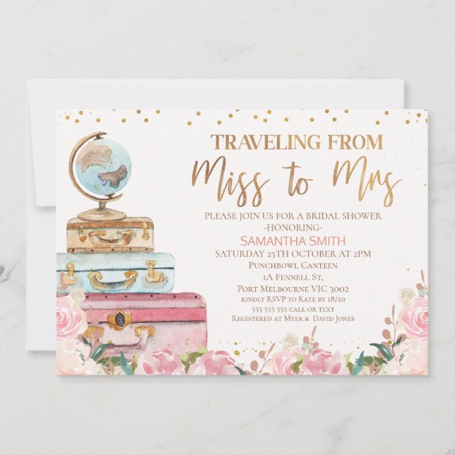 Blush Floral Travelling Miss an Mrs. Brautparty Einladung (Vorderseite)