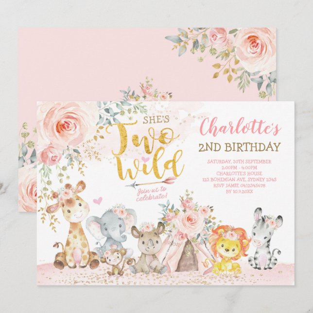 Blush Floral Tribal Safari 2. Geburtstag Einladung (Vorne/Hinten)