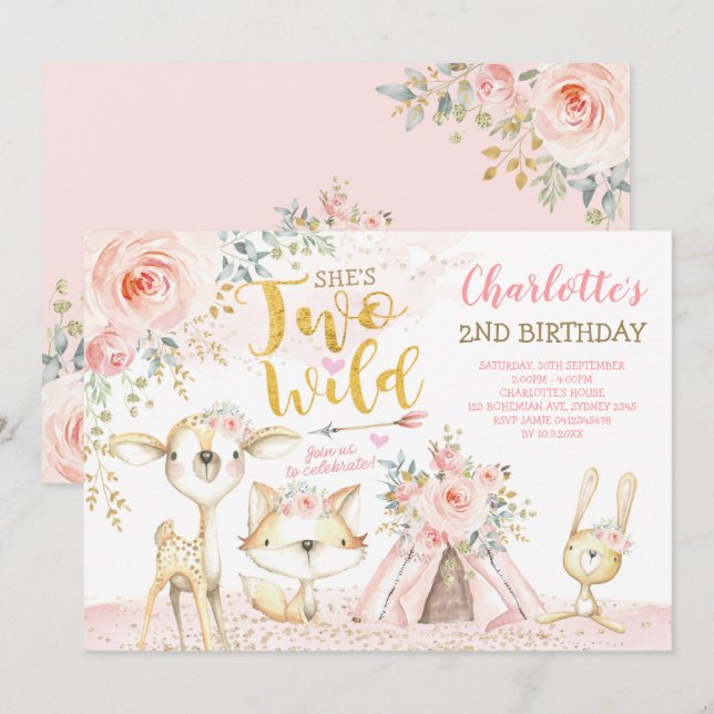 Blush Floral Tribal Woodland Zwei Wilde 2. Geburts Einladung (Vorne/Hinten)