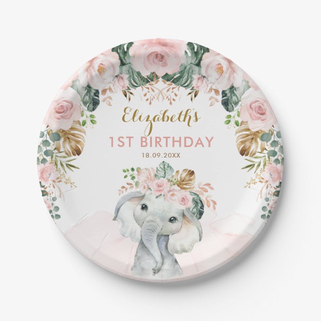 Blush Floral Tropical Boho Elephant Birthday Girl Pappteller (Vorderseite)