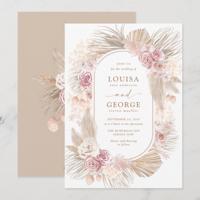 Blush Floral Tropical Boho Pampas Grass Wedding Einladung (Vorne/Hinten)