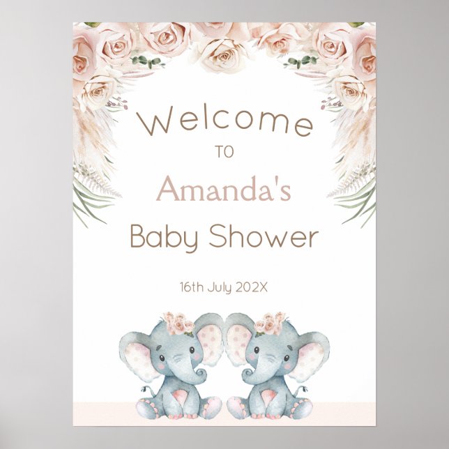 Blush Floral Twin Elephants Baby Shower Welcome Poster (Vorne)