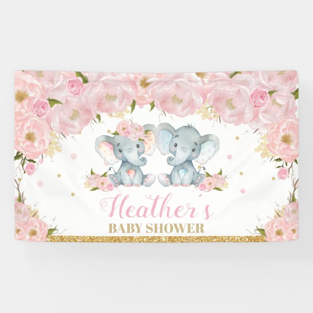Blush Floral Twins Elephant Baby Dusche Hintergrun Banner (Horizontal)