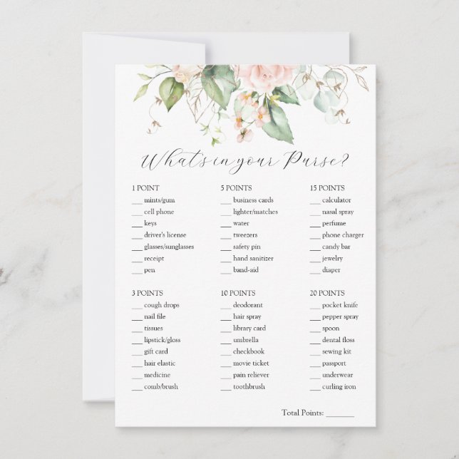 Blush Floral Was ist in Ihrer Purse Bridal Game Ca Einladung (Vorderseite)