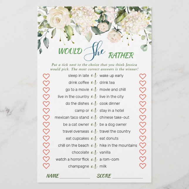 Blush Floral Watercolor Brautparty Spiel (Vorderseite)