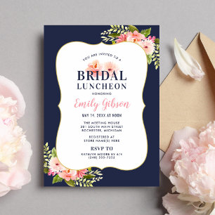 Blush Floral Watercolor Navy Bridal Luncheon Einladung