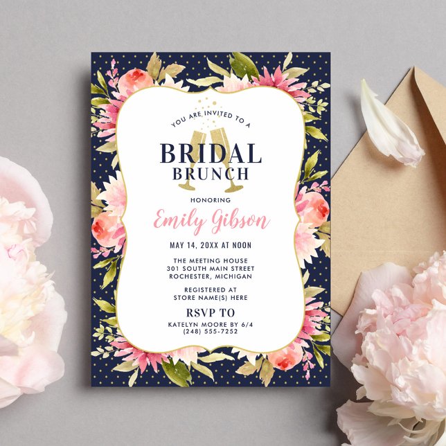 Blush Floral Watercolor Navy Wedding Bridal Brunch Einladung (Von Creator hochgeladen)