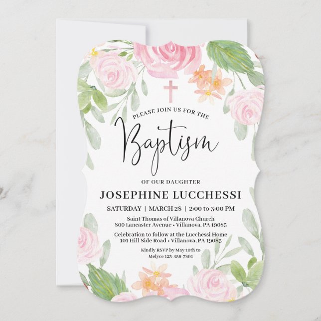 Blush Floral Watercolor Taufe Ankündigung (Vorderseite)
