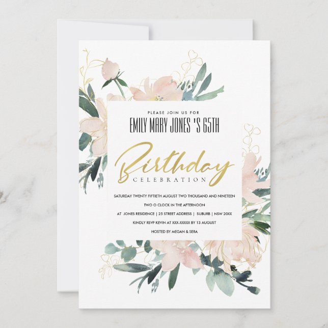 BLUSH FLORAL WATH WATERCOLOR JEDEN ALTER GEBURTSTA EINLADUNG (Vorderseite)
