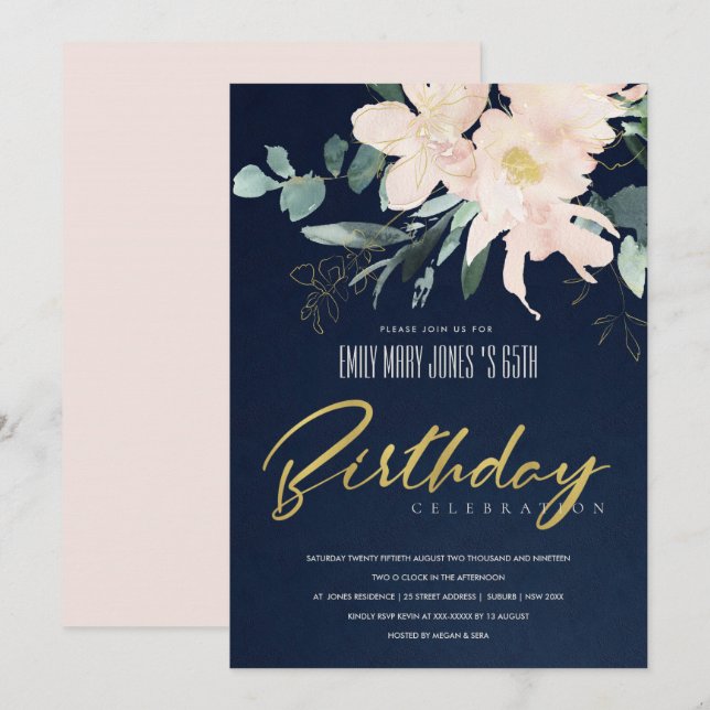 BLUSH FLORAL WATH WATERCOLOR JEDEN ALTER GEBURTSTA EINLADUNG (Vorne/Hinten)