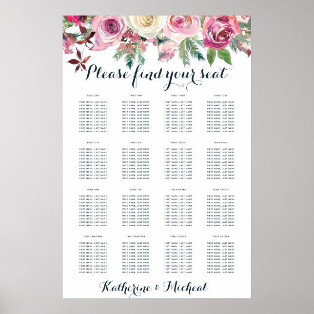 Blush Floral Wedding Chart Poster (Vorne)
