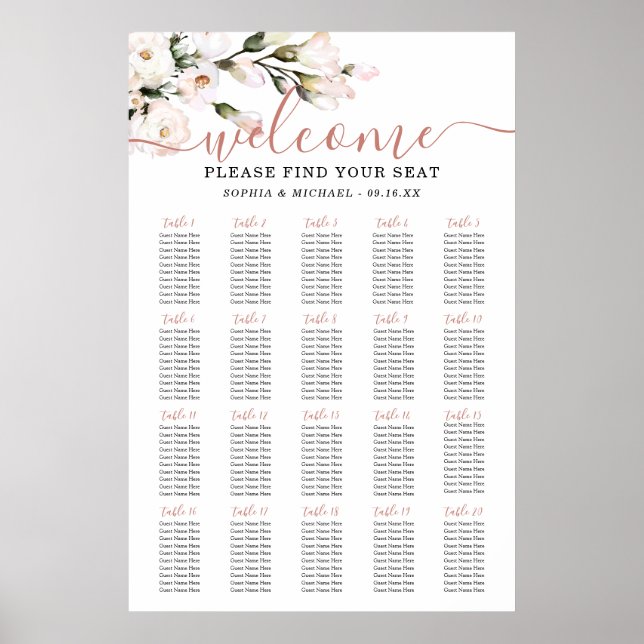 Blush Floral Wedding Chart Poster (Vorne)