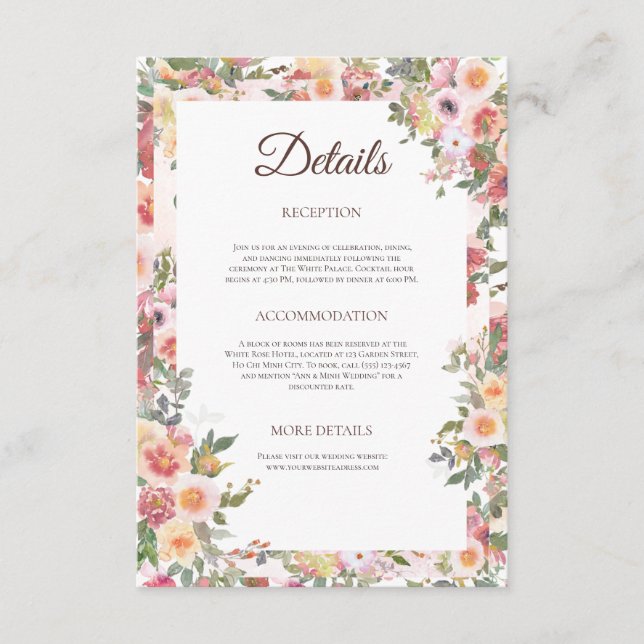 Blush Floral Wedding Details Card Begleitkarte (Vorderseite)