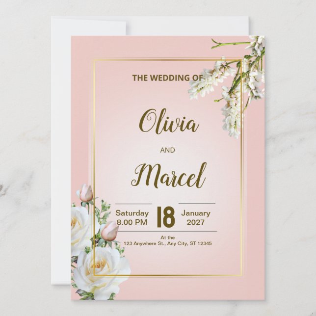Blush Floral Wedding Invitation with Gold Frame (Vorderseite)