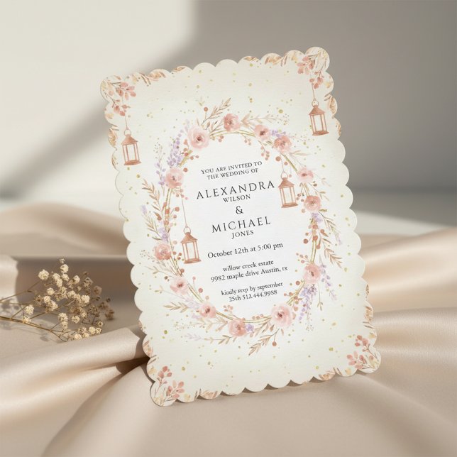 Blush Floral Wedding Invitation with Lanterns (Elegant floral wedding invitation with soft blush tones)