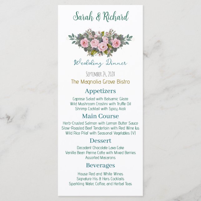Blush Floral Wedding Menükarte (Vorderseite)
