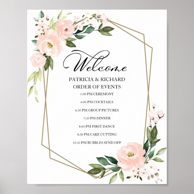 Blush Floral Wedding Order of Event Sign Poster (Vorne)