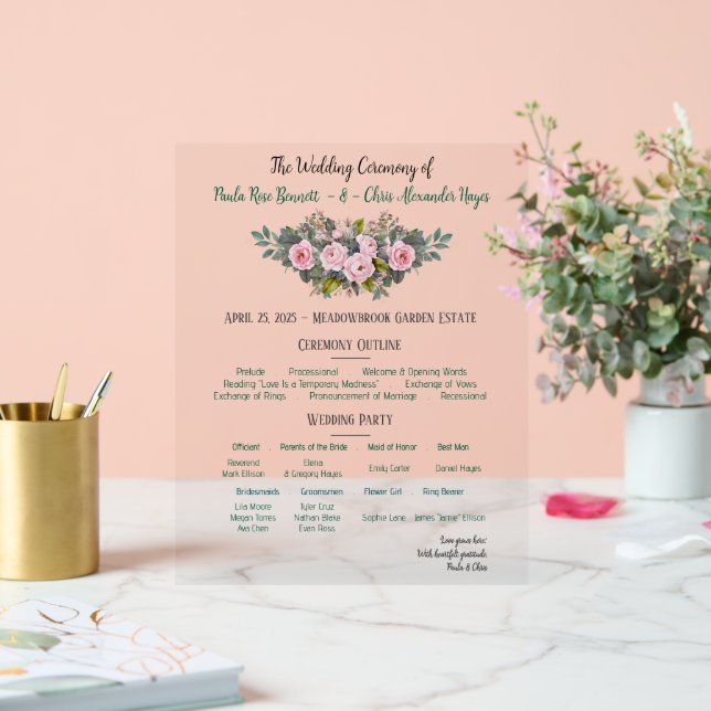 Blush Floral Wedding Program Acrylschild (Hochzeit)
