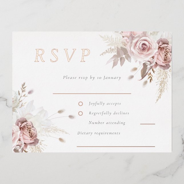Blush Floral Wedding RSVP Rose Gold Folie Einladungspostkarte (Vorderseite)