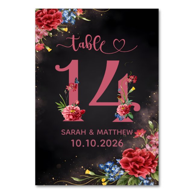 Blush Floral Wedding Table Number 14 Card Tischnummer (Vorderseite)