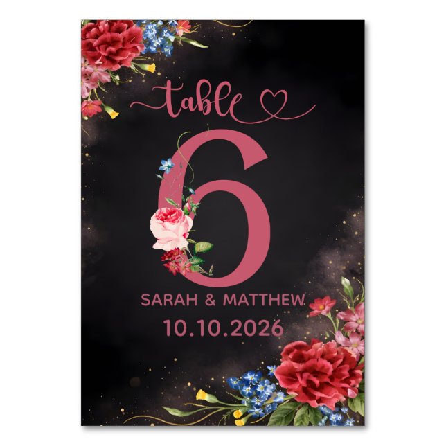 Blush Floral Wedding Table Number  6 Card Tischnummer (Vorderseite)