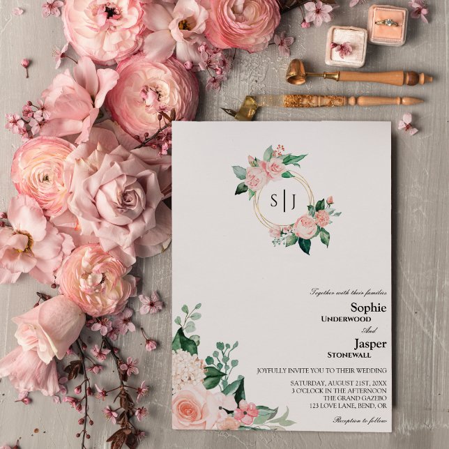 Blush Floral White Monogram Weditation Einladung (Von Creator hochgeladen)