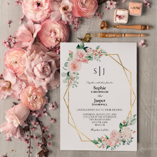 Blush Floral White Simple Monogram Wedding Einladung