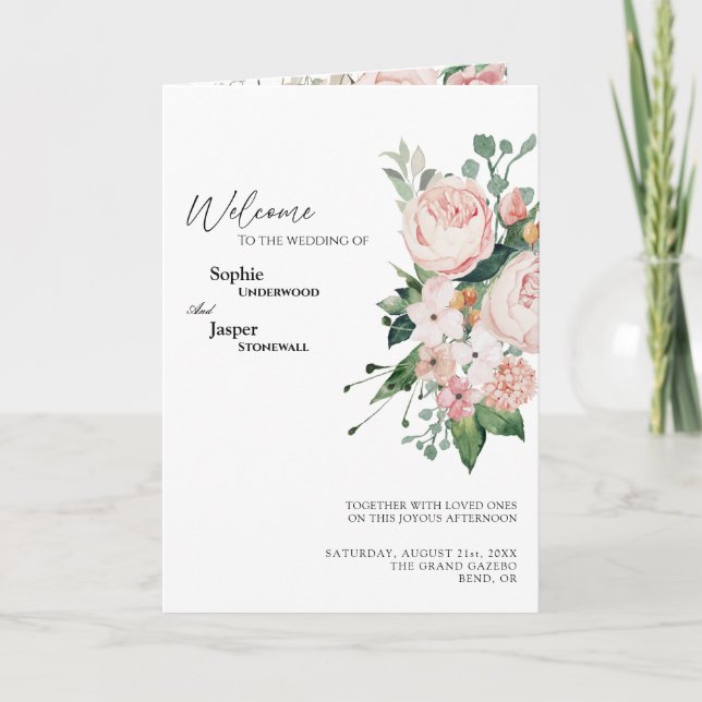 Blush Floral White Wedding Faltprogramm Programm (Vorderseite)