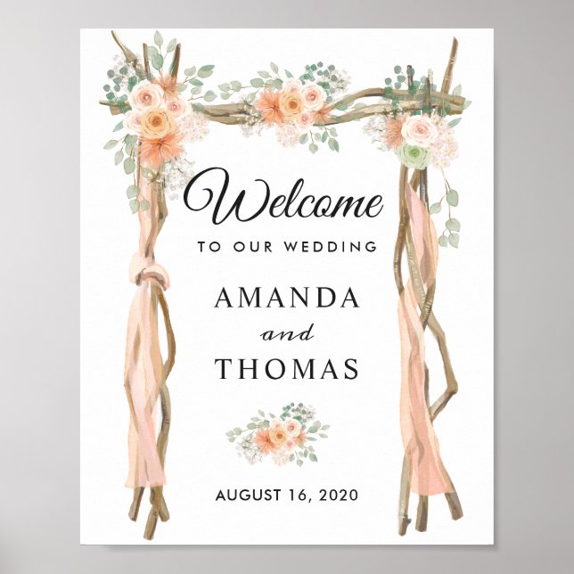 Blush Floral Wood Arbour Arch Wedding Willkommensz Poster (Vorne)