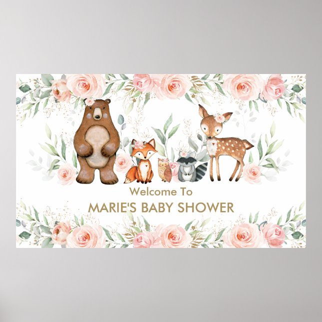 Blush Floral Woodland Animal Baby Dusche Willkomme Poster (Vorne)