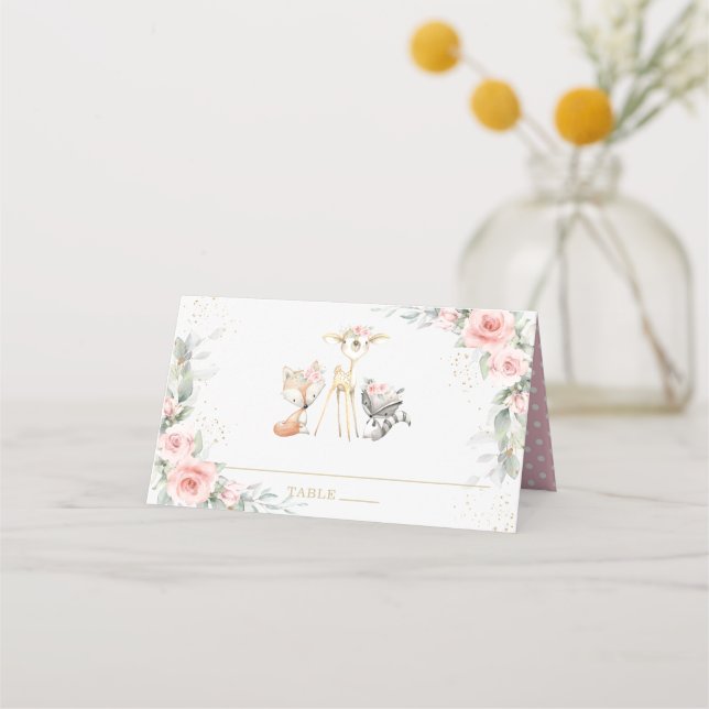 Blush Floral Woodland Animals Baby Dusche Geburtst Platzkarte (Vorderseite)