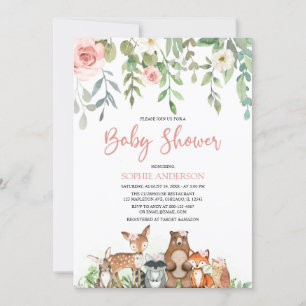 Blush Floral Woodland Animals Girl Baby Dusche Einladung