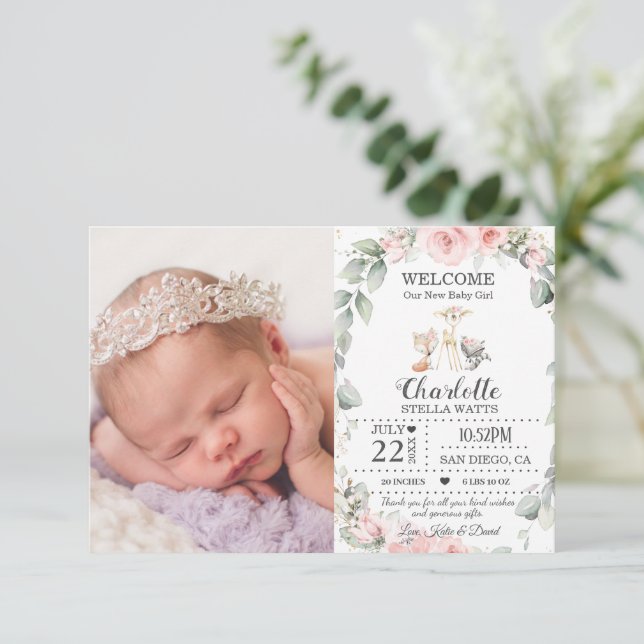 Blush Floral Woodland Animals New Baby Foto Birth Ankündigung (Stehend Vorderseite)