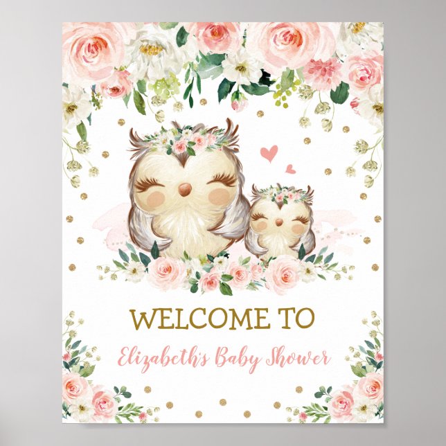 Blush Floral Woodland Owl Baby Shower Birthday Poster (Vorne)