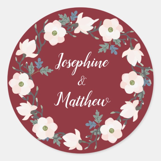 Blush Floral Wreath Burgund Personalisierte Hochze Runder Aufkleber (Vorderseite)