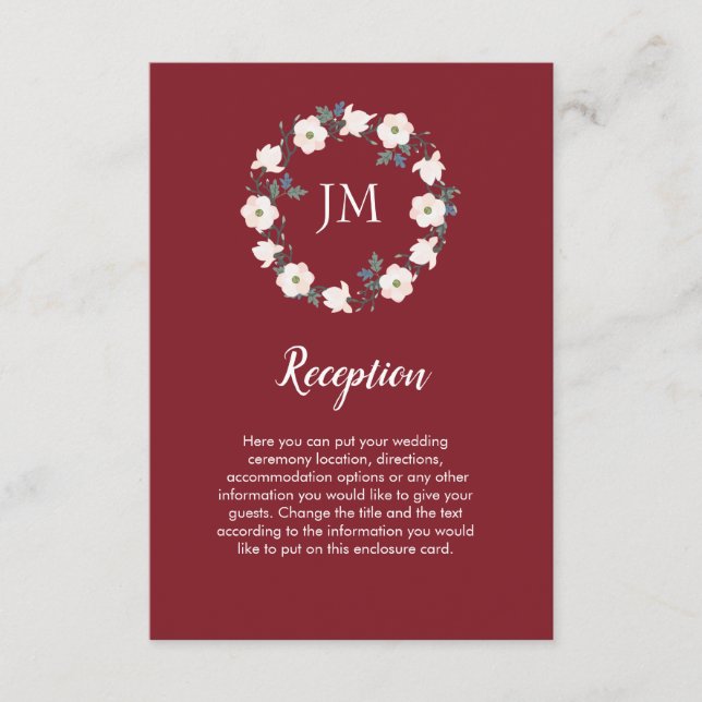 Blush Floral Wreath Monogram Burgundy Wedding Begleitkarte (Vorderseite)