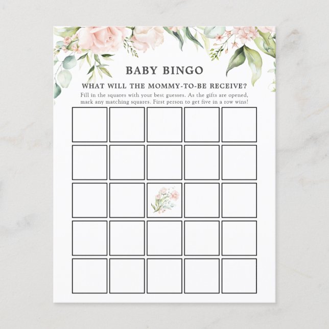 Blush Florals et Greenery Baby Bingo Carte de jeu (Devant)