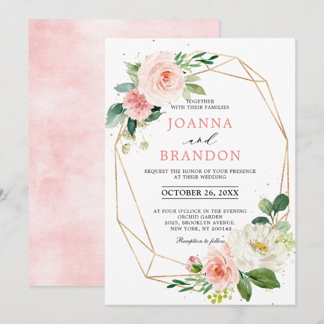 Blush Florals Gold Moderne geometrische Rahmen Hoc Einladung (Vorne/Hinten)