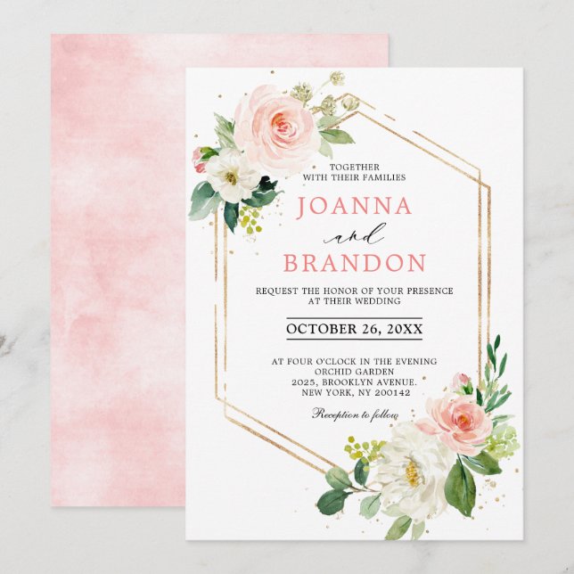 Blush Florals Gold Moderne geometrische Rahmen Hoc Einladung (Vorne/Hinten)