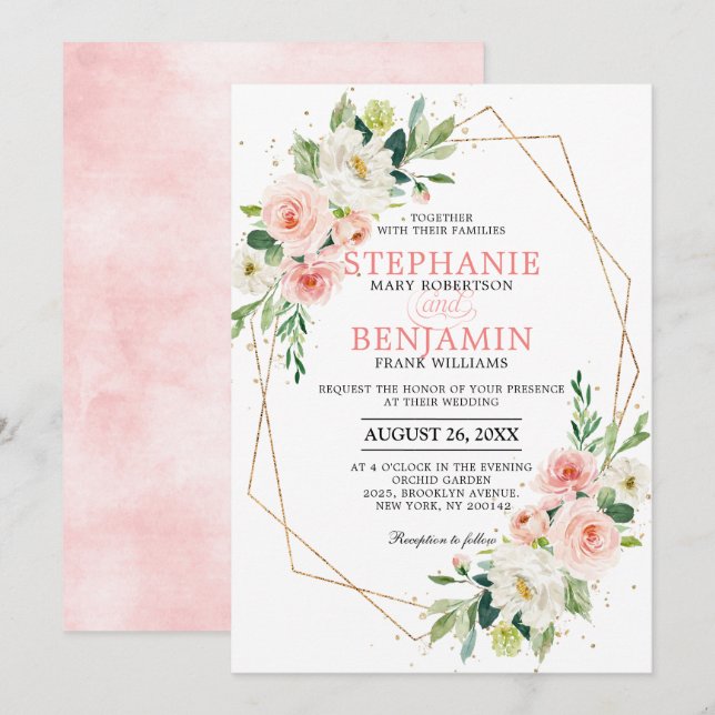 Blush Florals Gold Moderne geometrische Rahmen Hoc Einladung (Vorne/Hinten)