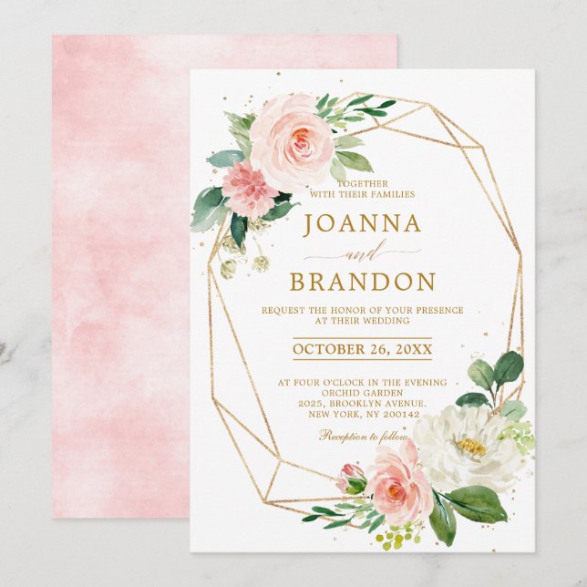 Blush Florals Gold Moderne geometrische Rahmen Hoc Einladung (Vorne/Hinten)